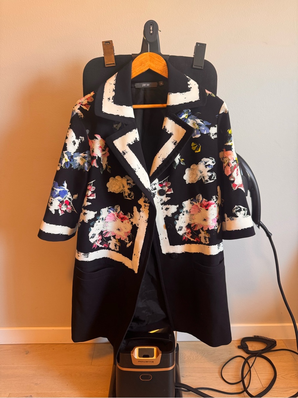 Per Se Black Floral-Print Trench Coat with White Trim